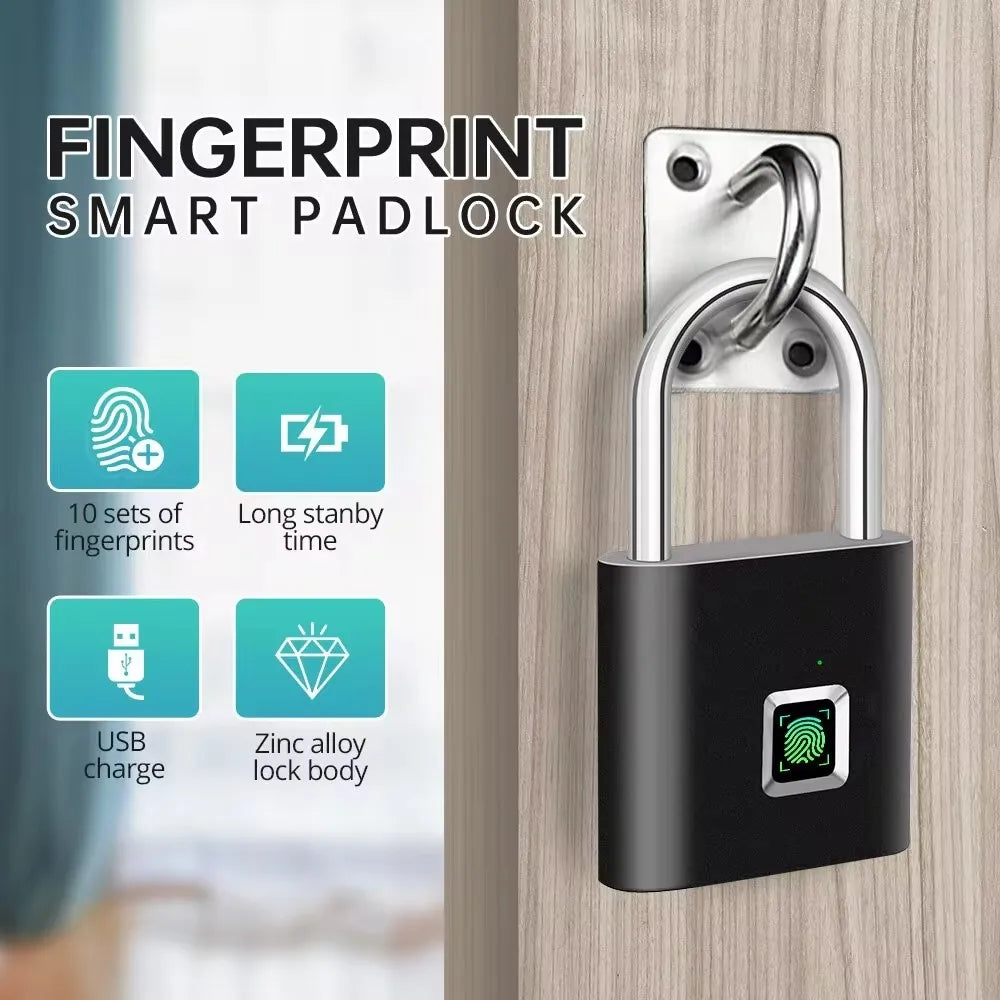 Keyless USB Rechargeable Fingerprint Smart Padlock - Waterproof, Portable Anti-Theft Zinc Lock with 0.2 Sec Unlocking Time
