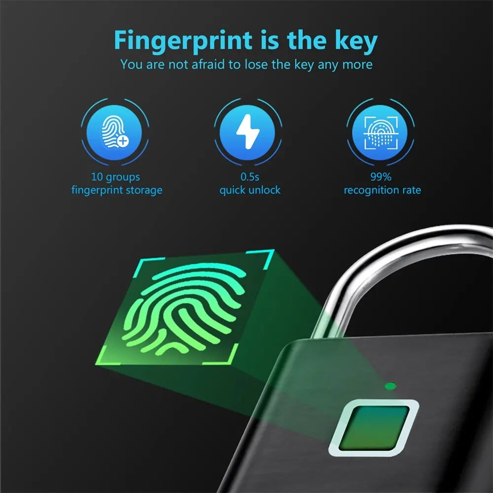 Keyless USB Rechargeable Fingerprint Smart Padlock - Waterproof, Portable Anti-Theft Zinc Lock with 0.2 Sec Unlocking Time