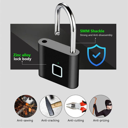Keyless USB Rechargeable Fingerprint Smart Padlock - Waterproof, Portable Anti-Theft Zinc Lock with 0.2 Sec Unlocking Time